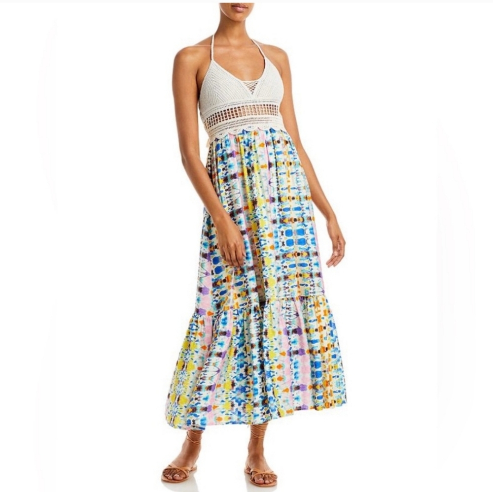 🔥Aqua Crochet Trim Halter Midi Dress